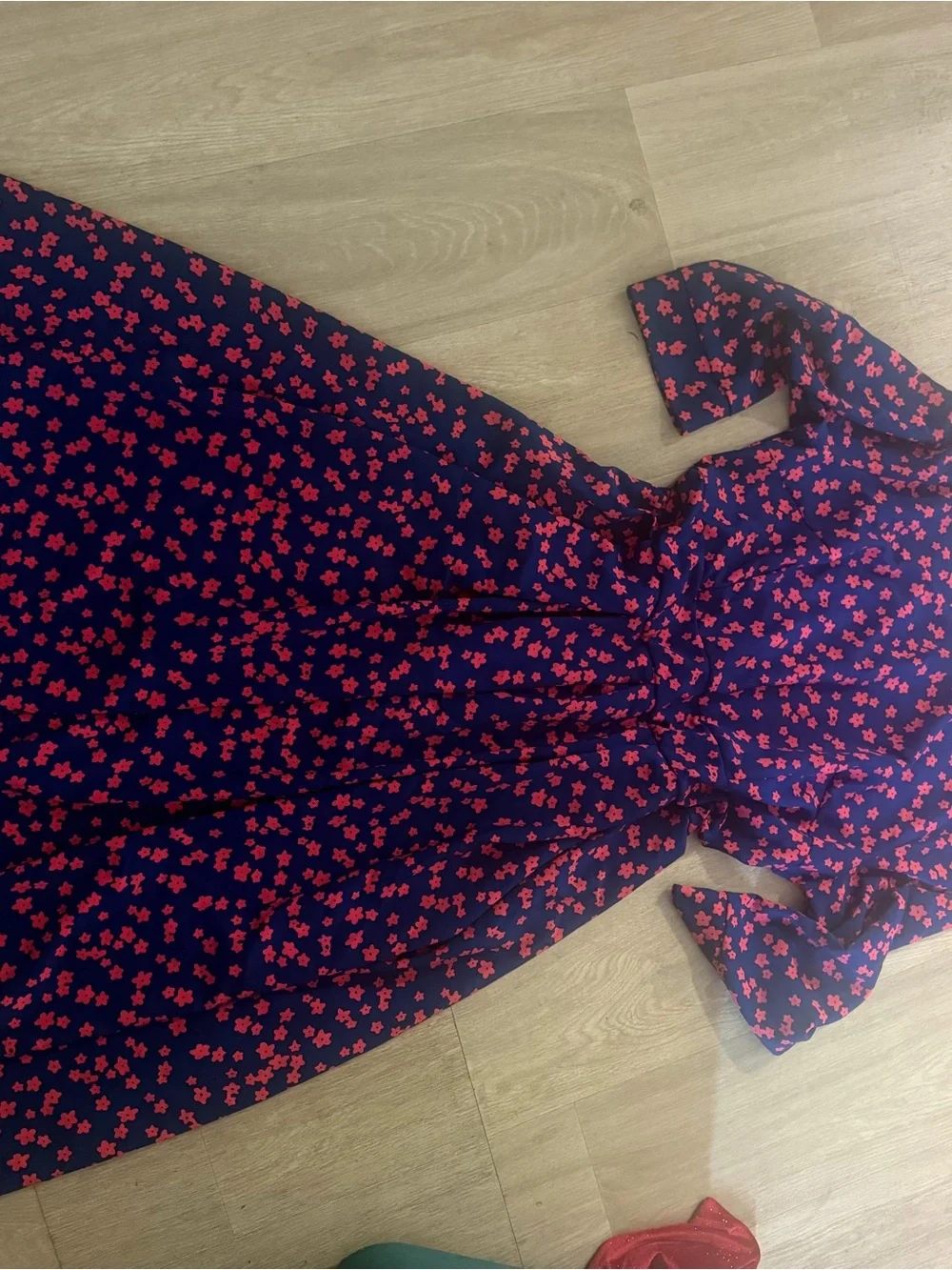 Girls Navy Dress with Red Floral Print